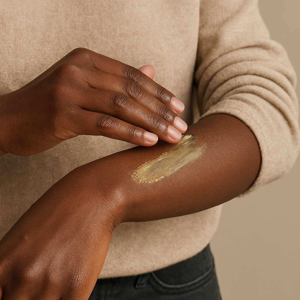 Person applying a brown cosmetic product to their arm against a beige background